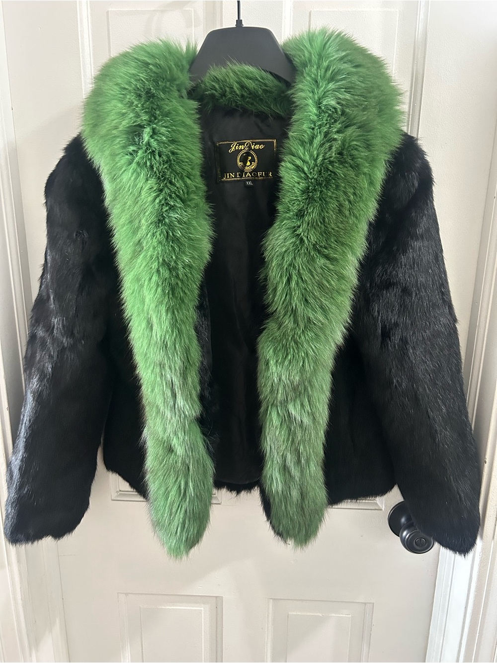 Real Rabbit Fur Jacket Green Fox Fur Collar Black Y2K S/M